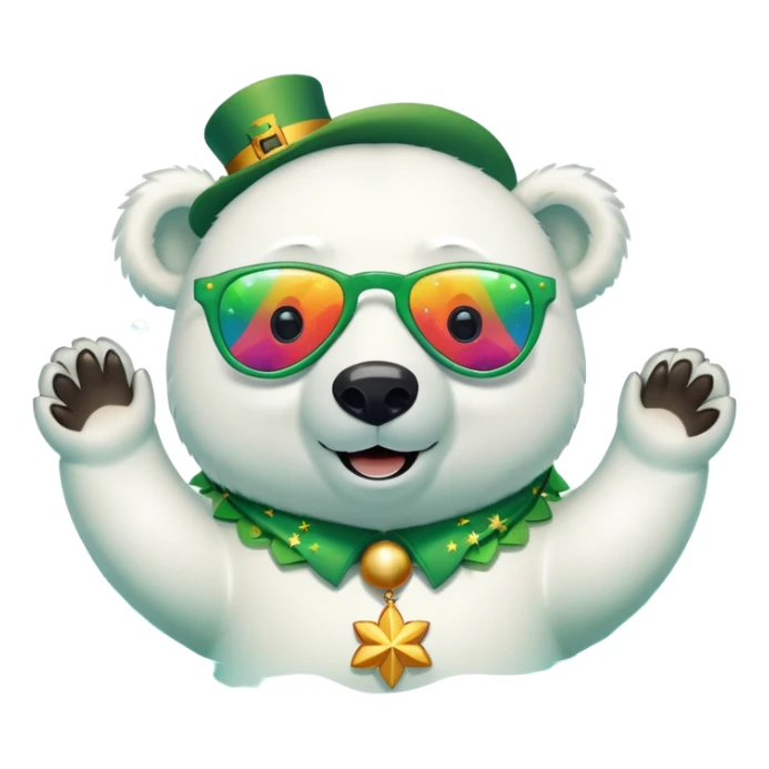 friendly anthropomorphised polar bear smiling, wearing large multicolored star-shaped glasses and festive St. Patrick's Day outfit, floating on back in water sticker