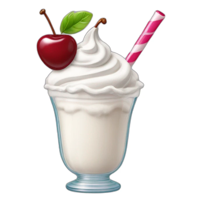 Milkshake white in a glass cup with whipped cream and a cherry on top sticker