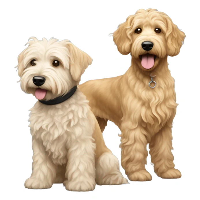 Golden golden doodle with wavy coat and white bichon with curly coat and black Cairin Terrier sticker