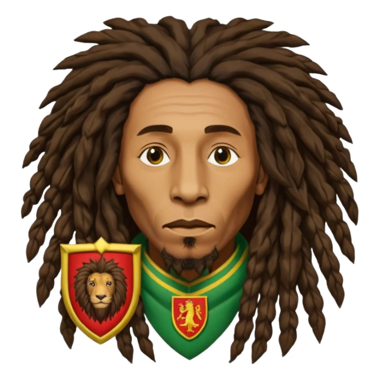 melancholic  Bob Marley with gigantic dread locks in form heraldic crest with ethiopian lion sticker