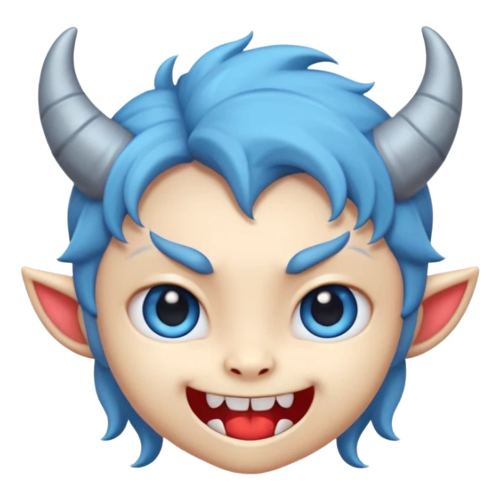 Cute demon cartoon emoji character, chibi proportions, small horns, mischievous smile, big expressive eyes, soft rounded face, tiny fangs, stylized hair, clean smooth shading, simple shapes, friendly not scary,  sticker