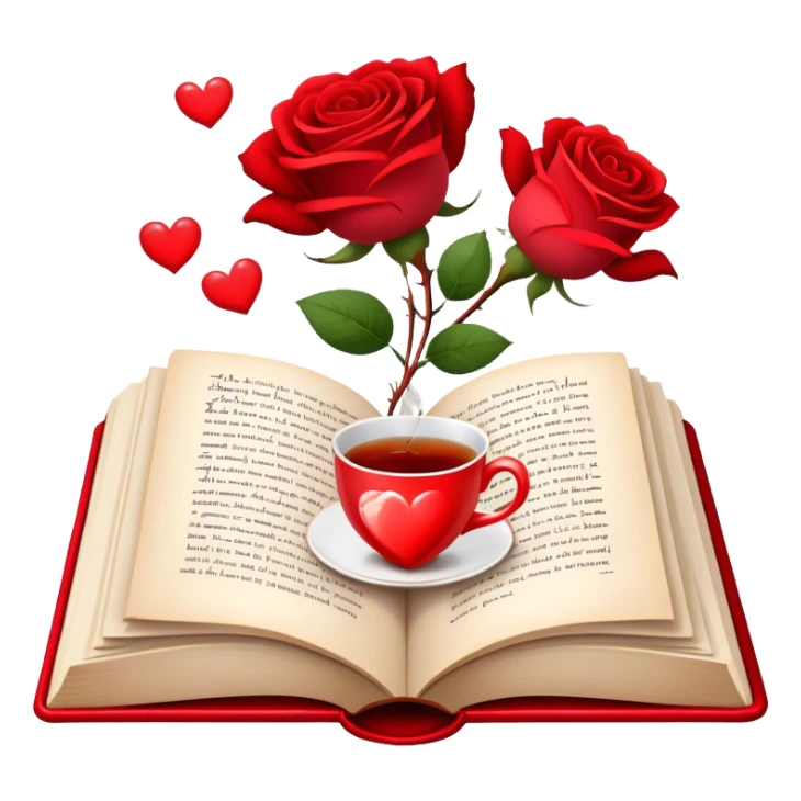Icon for Romance Reading: an open book with a heart-shaped bookmark, surrounded by roses, a love letter, and a cup of tea, with small hearts and Cupid with bow and arrows flying out of the pages. Transparent background. sticker