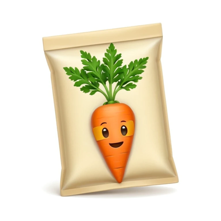 emoji-style carrot seed pack, small white seed packet, orange carrot with green leaves, friendly cartoon face, minimal design, outlined, soft shadow sticker
