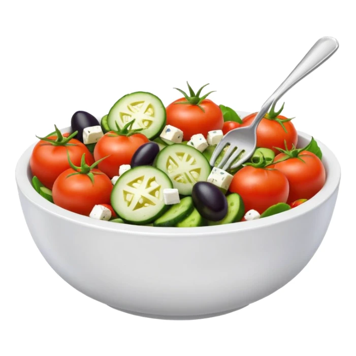 mediterranean salad bowl object icon, tomatoes, cucumbers, olives, feta cheese, olive oil dressing, 3D cartoon, mobile game icon style, clean background, no text, no watermark
 sticker
