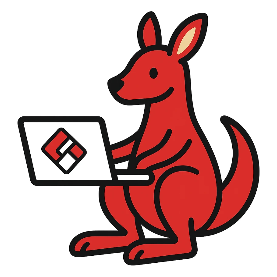 stylized kangaroo with a laptop, modern and techy, red and white YouTube color scheme, Microsoft Power Pages theme icon sticker
