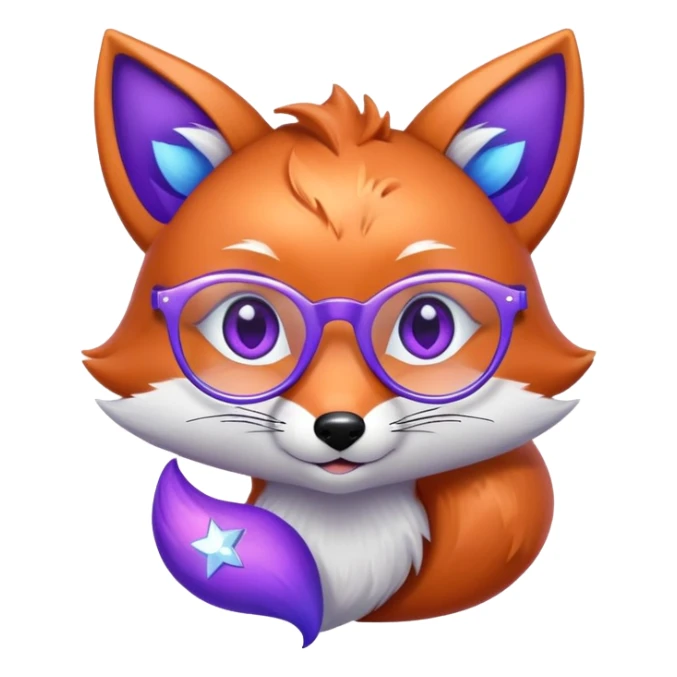 A whimsical fox with sparkling purple-blue fur, a glowing tail, a silver star on its forehead, and round glasses, with heart-shaped eyes, looking in love. 🦊😍 sticker