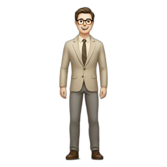 Joyful Full height Pale skinned Fit Man With dark brown hair in gray jacket, beige office shirt, Brown pants and vintage glasses. His thrumbs up sticker