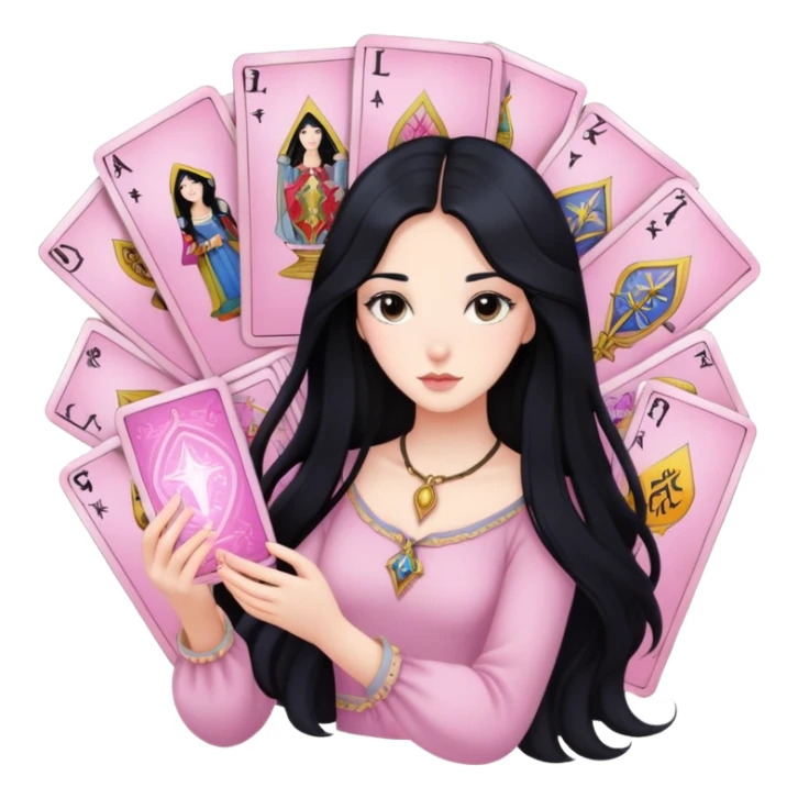 long black hair girl with light pink tarot cards sticker