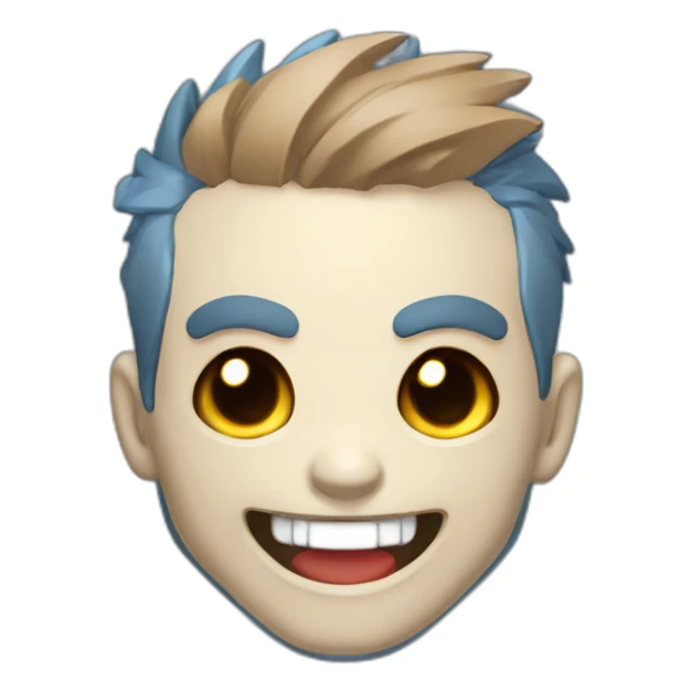 Skull laughing out loud logo illustrated , chibi anime style, head and shoulders only, red cheeks, light brown eyes, short gray hair, cyberpunk jacket with blue colors, flashing background. sticker