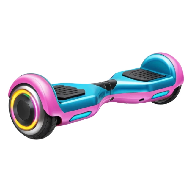 Flat futuristic emoji of a sleek hoverboard floating slightly above the ground, smooth neon edges, minimal shading, white background sticker