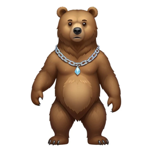 Full-body realistic brown bear on all four legs shown from head to tail, serious expression, complete view of the entire bear with simple ice chain around neck sticker