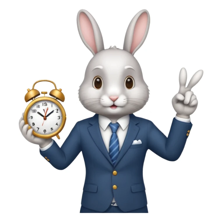 A rabbitwearing a suitand holding a clockand pointing at the clock sticker
