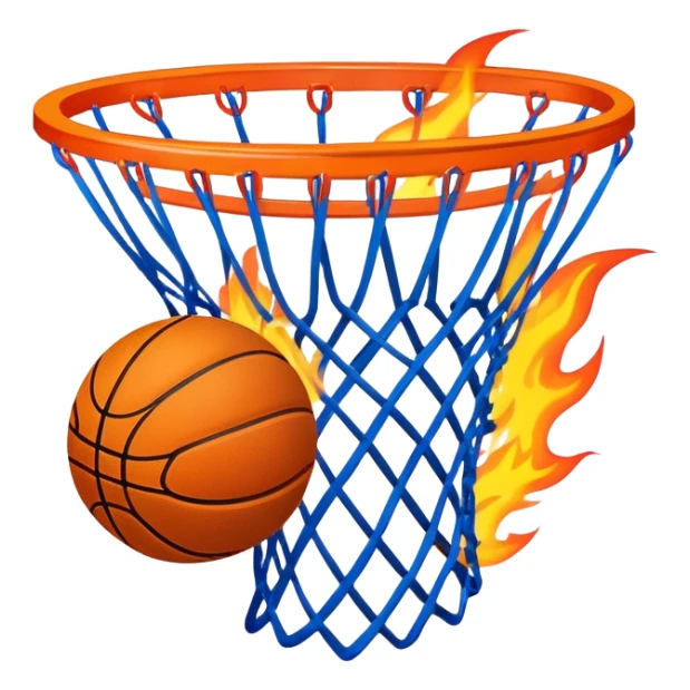 Blue basketball with flames effect passing through net, dramatic sports moment, iOS emoji style sticker