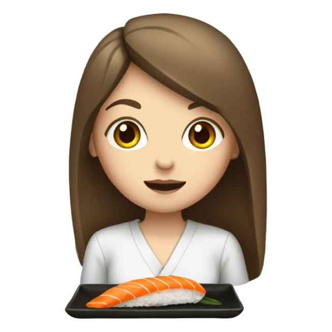 White girl with brown long hair eating sushi sticker