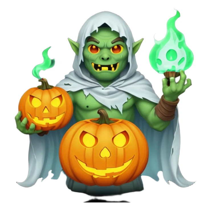 male orc warrior ghost emoji, green skin, wearing torn white ghost sheet costume, holding glowing jack-o'-lantern, faint blue aura, friendly but spooky expression, Halloween fantasy theme, Apple emoji style, clean white background, square sticker