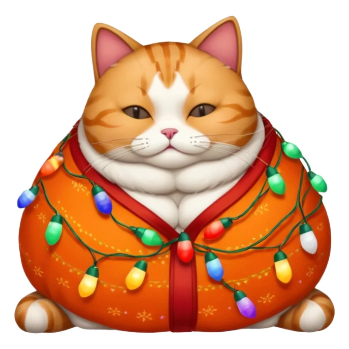 fat, sleeping cat wearing a christmas sweater wrapped in christmas lights sticker