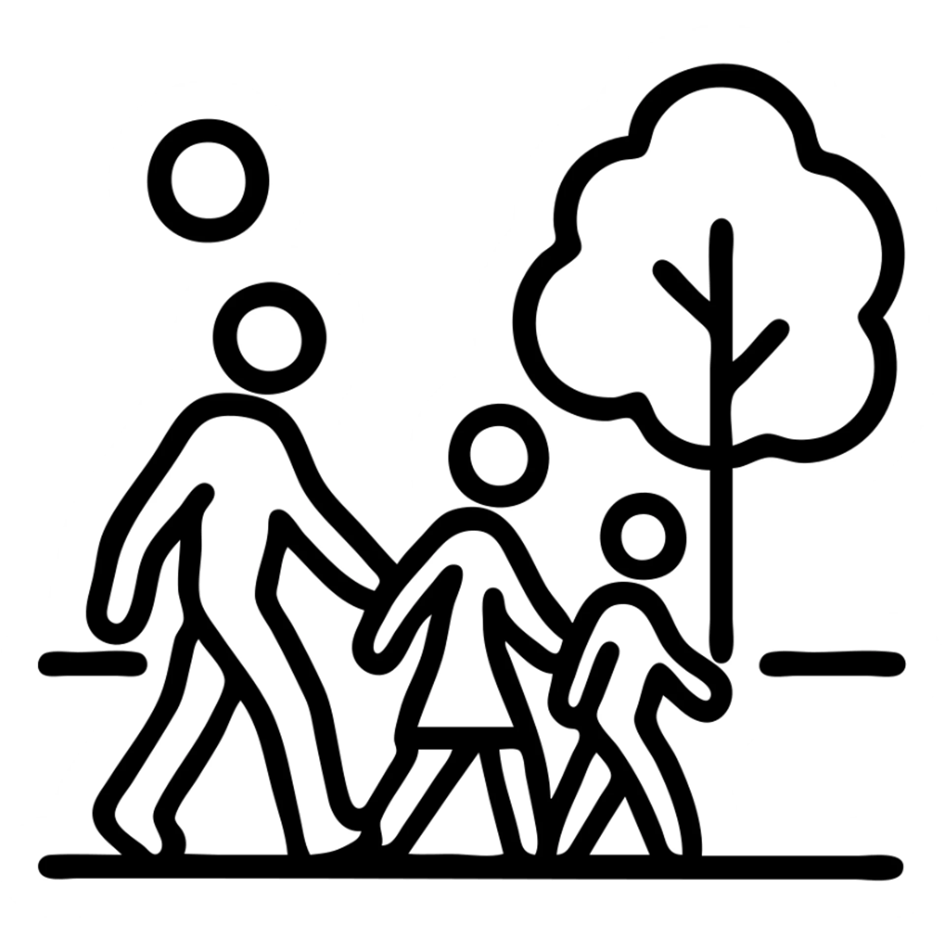 a family of four walking in a park, outlined icon style, minimal color sticker