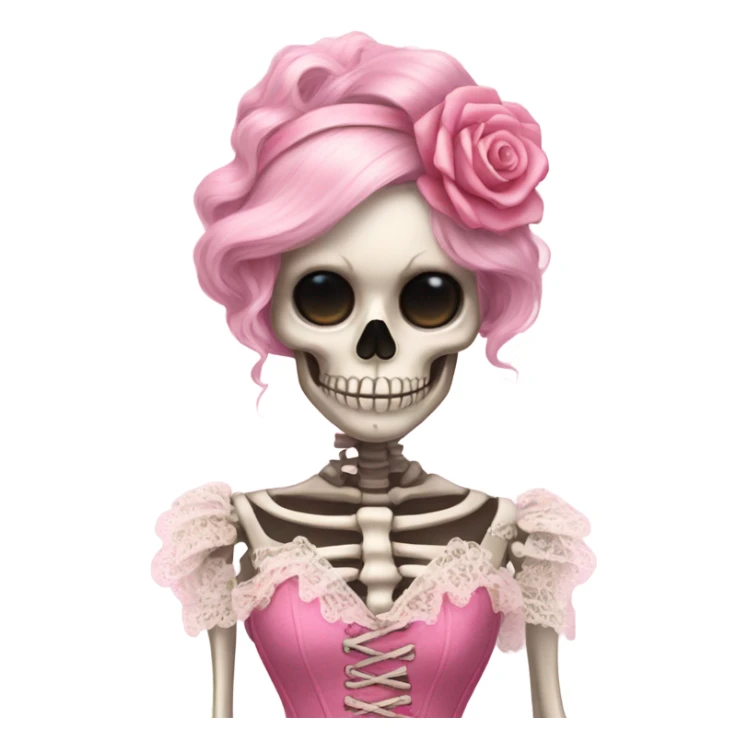 Skeleton wearing a pink laced corset dress with ruffles  sticker