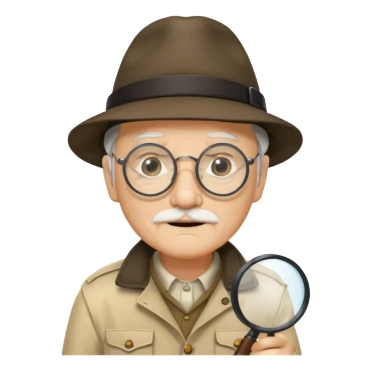 old man in beige explorer outfit, wear black glass, hat, holding magnifying glass sticker