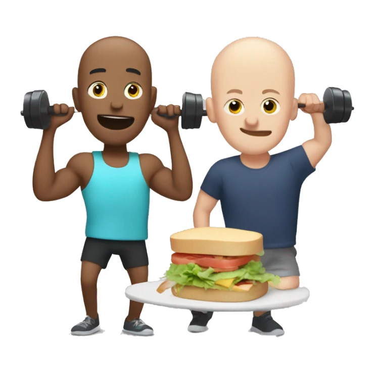 Bald man lifting weights to music while his friend eats a sandwich  sticker