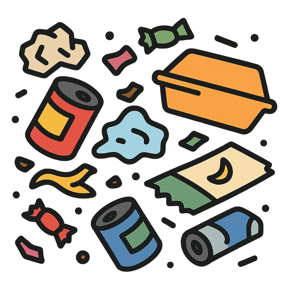 Make the trash on the floor look much messier, with more scattered items, in a clean vector icon style, no background. sticker