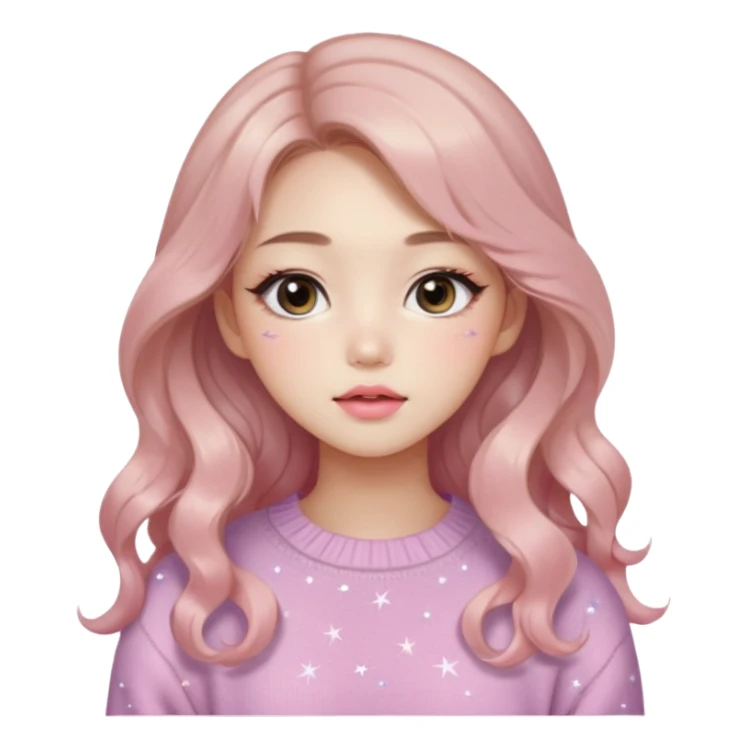 “korean Emoji girl, soft eyeliner, gradient rose lips, light brown shimmer eyeshadow, sparkly aegyo-sal, long wavy hair, cozy pastel sweater.” sticker