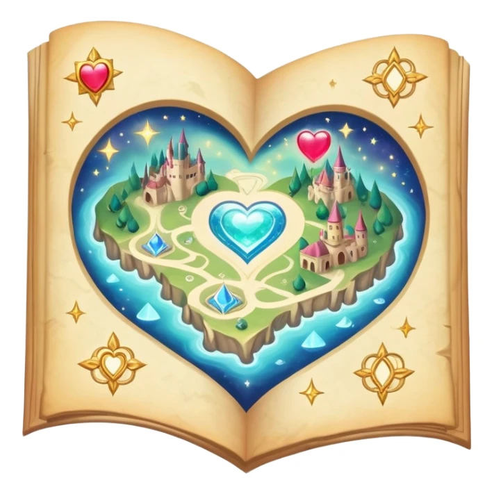 Enchanted floating folded map surrounded by magical sparkles and heart-shaped auras, mystical love journey map sticker
