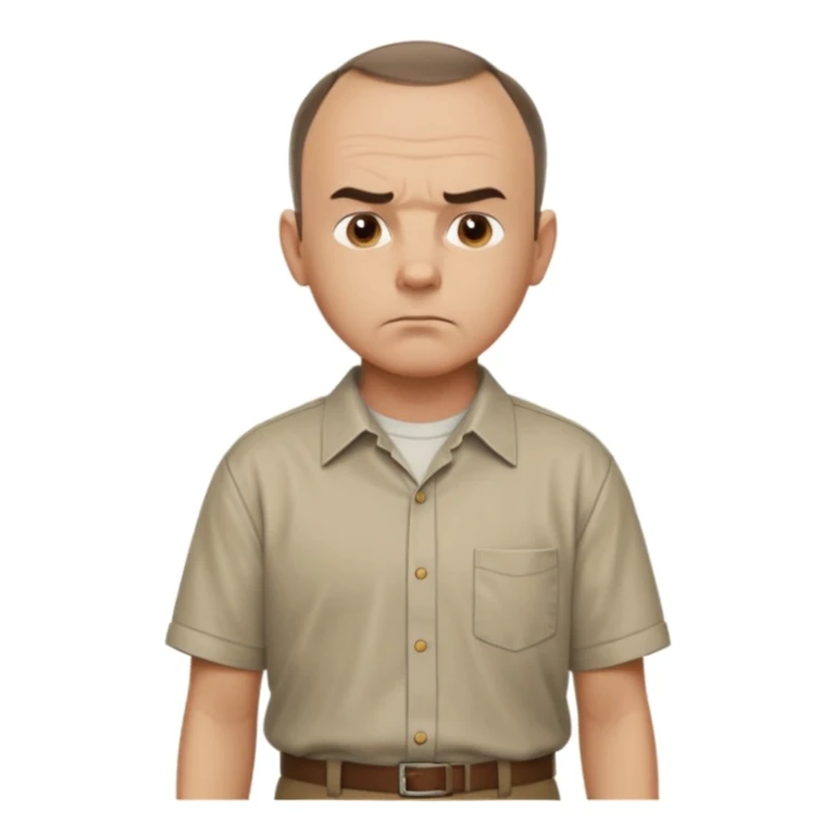 Carl from Sling Blade, serious expression, recognizable features, chin sticking out, slouching posture, no glasses, shirt with collar,  side view,show his entire body, he is standing. we see him from the side. Not frontal view. Side view. He sticks his head forward sticker