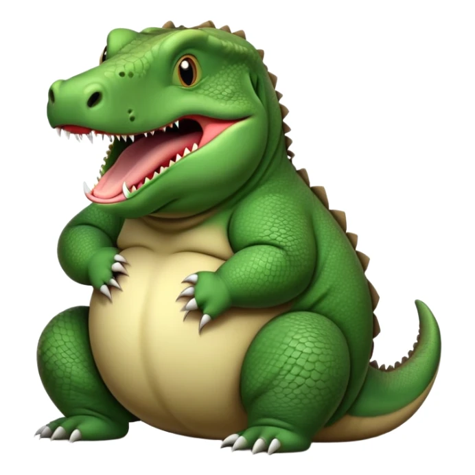 A very chubby, overfed komodo dragon with a round belly, making a hiccup expression with its mouth open slightly sticker
