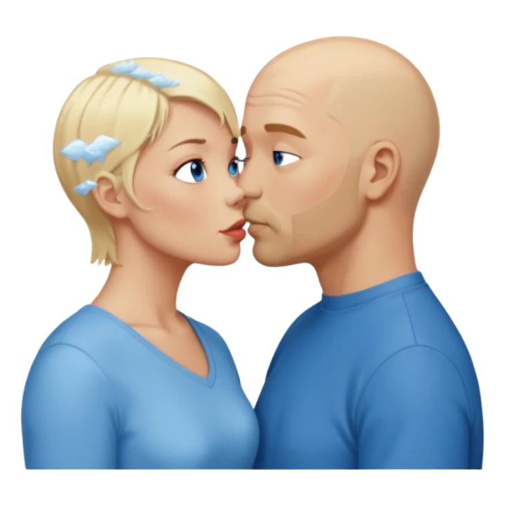 middle aged bald man with salt and blonde scruff, blue eyes and short haired blonde woman with blue eyes kissing each other sticker