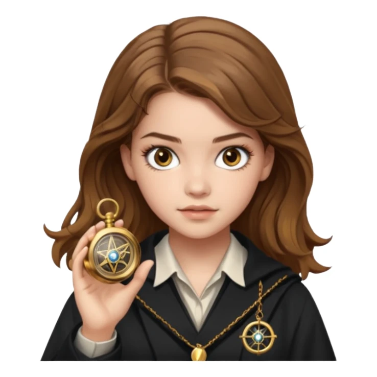 Barbara Palvin as Hermione Granger with brown eyes and holding a time turner sticker