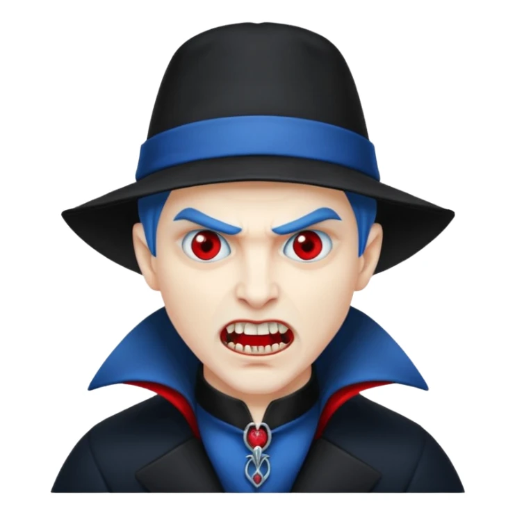 Vampire with blue hat ,black coat with read collared ,teeth looks like vampire with aggression on face and a full body. sticker