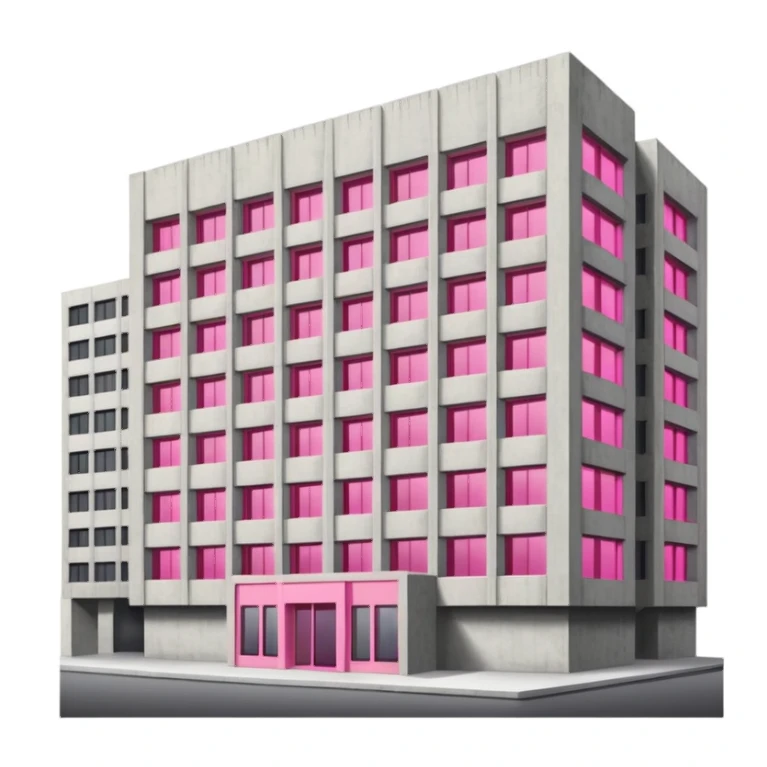 Brutalist concrete government building with one distinctive pink window and many standard windows sticker