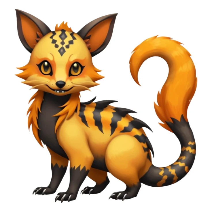 Rare warm-colored exotic cute epic aesthetic gothic colorful Salandit-Eevee-Civet-species-Fakemon-hybrid-creature, with intricate tattoo markings, full body sticker