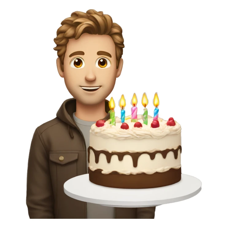 White man brown hair with birthday cake sticker