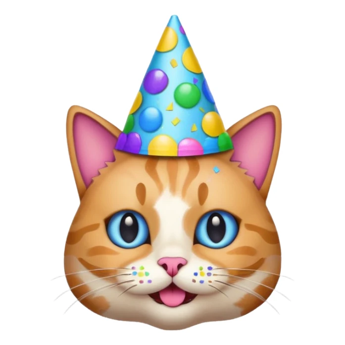 a cat celebrating with confetti and party hat, fun emoji style sticker
