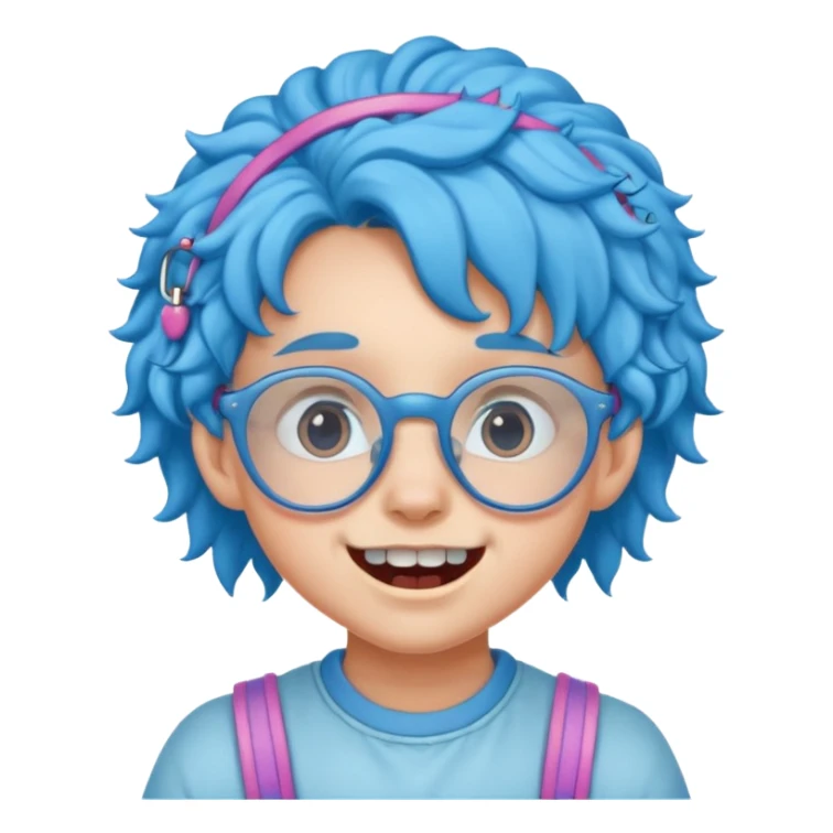 kid with teeth braces bunny eared blue haired curly big braces and glassess sticker