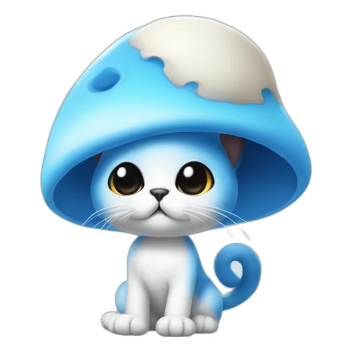 Blue smurf cat with black eyes wearing a large white mushroom as hat, no body sticker