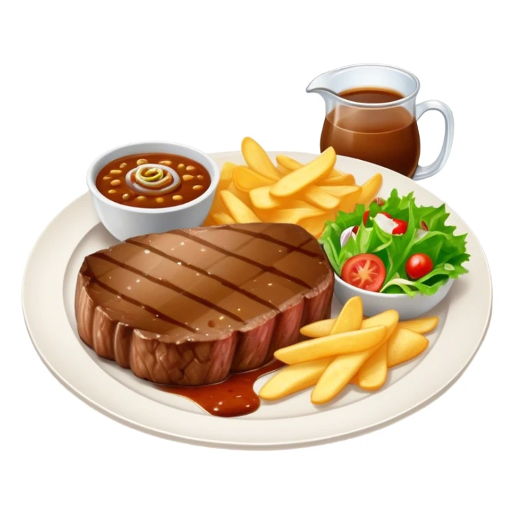 big juicy australian steak meal featuring chips, small salad in a ramikan and gravy in a small bowl on the plate sticker