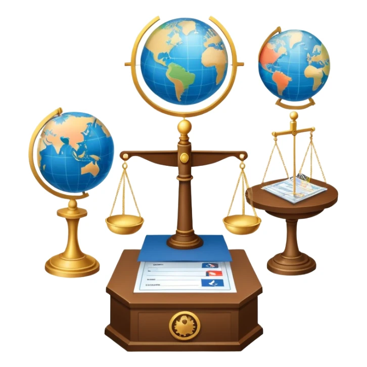 An icon featuring a podium with a speaker, a ballot box with a voting slip, and a globe, symbolizing political science. The design includes scales of justice and a world map in the background, representing governance and global politics. Transparent background highlights political analysis. sticker