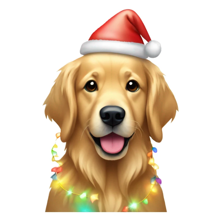 Golden retriever wrapped in multicolor Christmas lights and a Santa hat  sticker