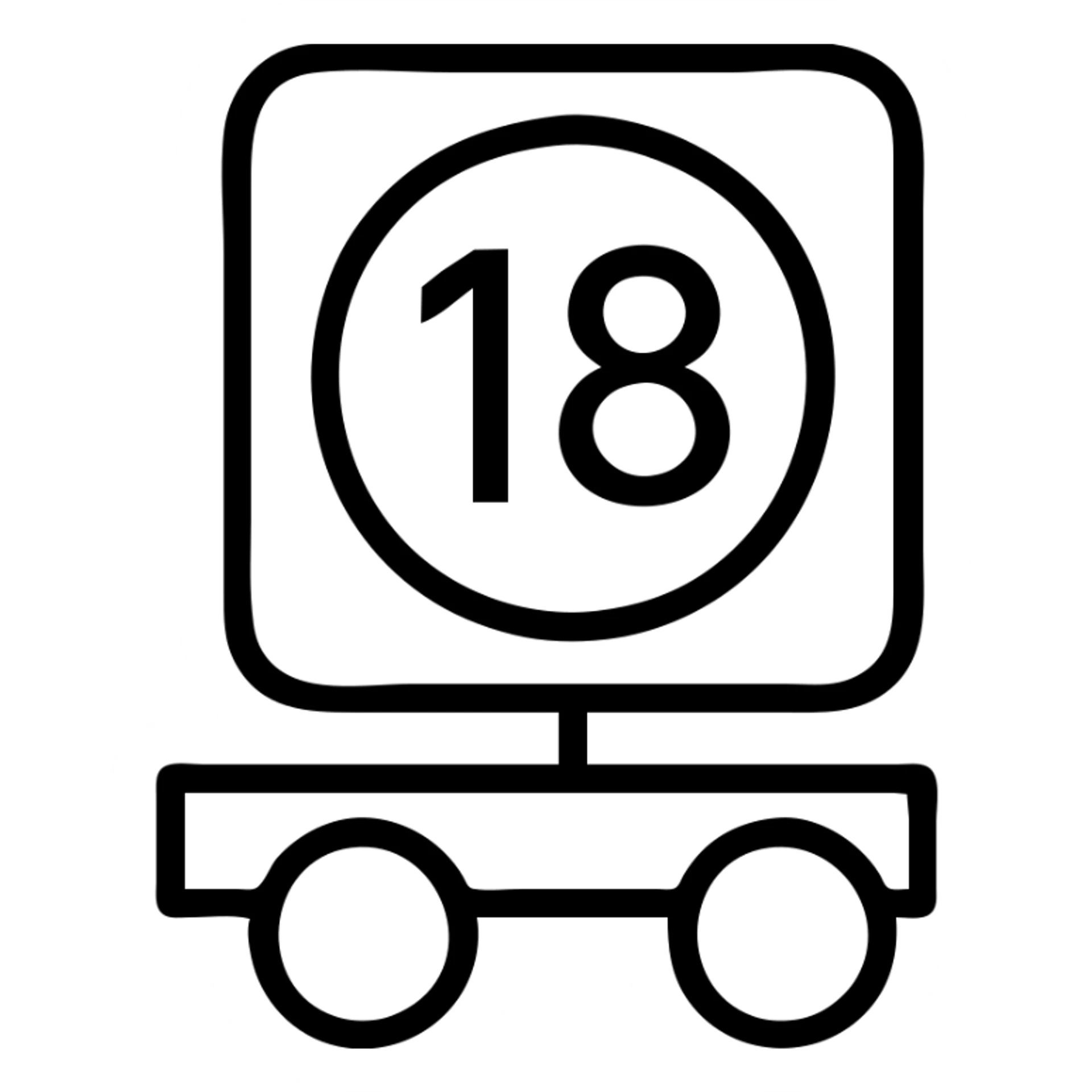 black circle featuring bold white 18, realistic semi truck wheels underneath, outlined icon style sticker