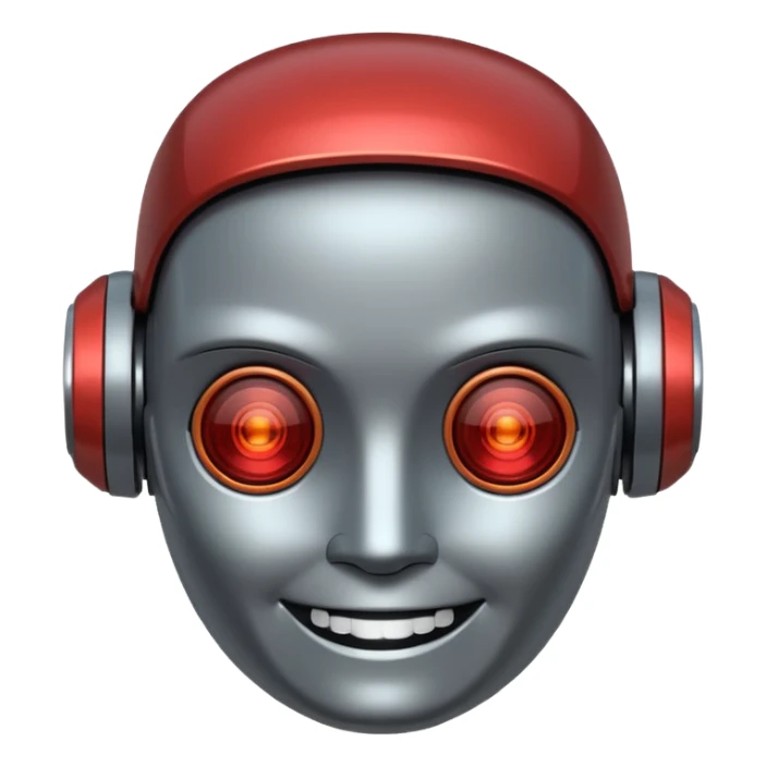 Cyberpunk robot head, redish tint over gray,  happy sticker