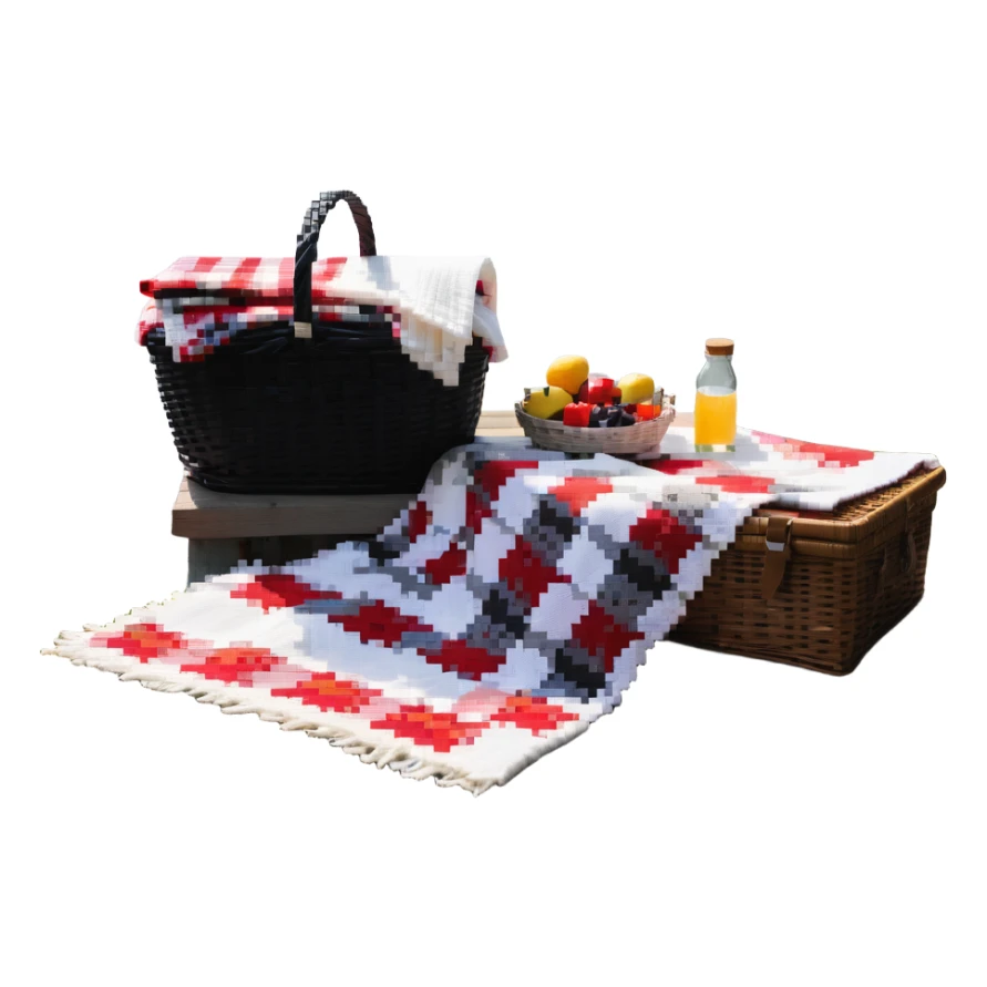 picnic basket and blanket next to a lake sticker