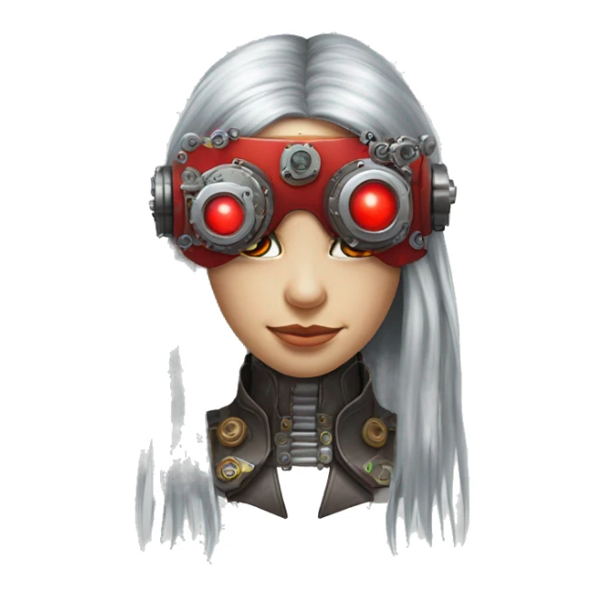 Silver long hair female cyborg head with red steampunk goggles and circuits sticker