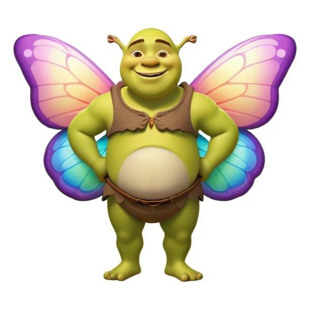“Shrek as a cartoon character with colorful butterfly wings, smiling, in a magical forest background, soft lighting, pastel colors”
 sticker
