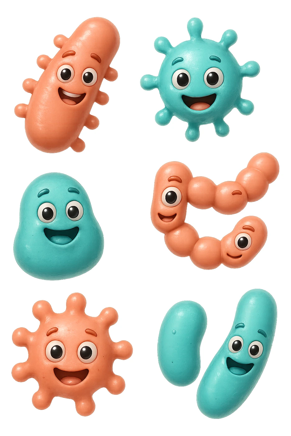 EMOJI STILE IPHONE DI 6 SPECIE DI BATTERI INTESTINALI ROSA SALMONE E TURCHESI DIVERSI TRA LORO PER FORMA, FLUTTUANO IN ARIA, IPERREALISTICO 4K sticker