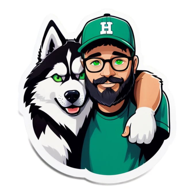 A bold man with a grey baseball cap, green eyes, big beard and glasses hugging a husky sticker