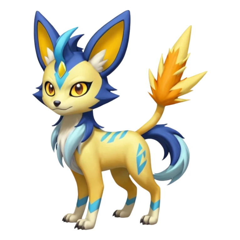 Feral Lightning-patterned Zig-zagged buzzy fuzzy Meloetta-Renamon-Zeraora-Luxray-Cobalion-Suicune-Vernid-fusion-hybrid-creature, full body  sticker