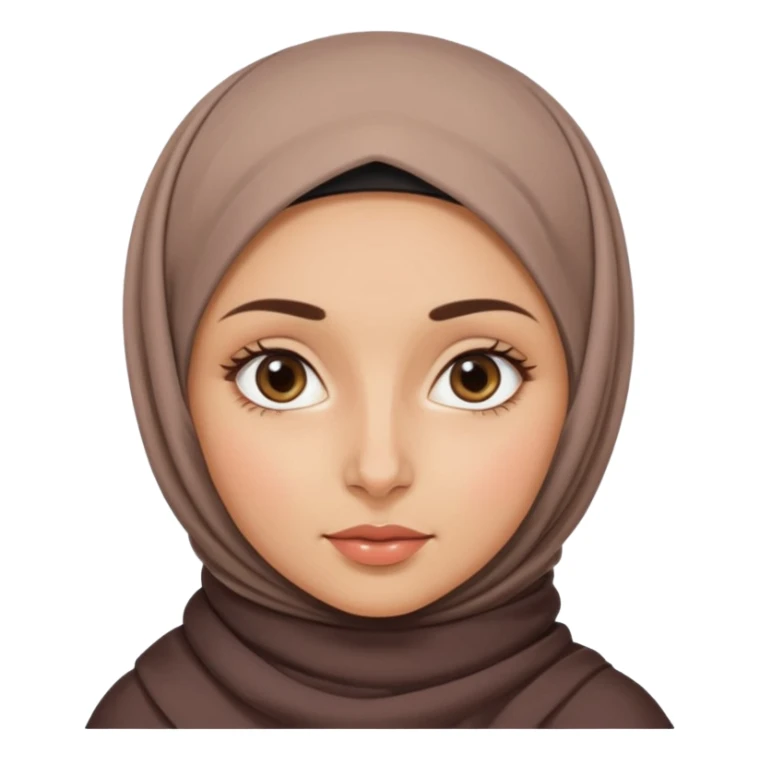 A girl in a French hijab, with an oval face, medium-sized forehead, wide eyes, straight nose, and full lips. She has thick, wavy hair and medium-toned skin with straight eyebrows sticker